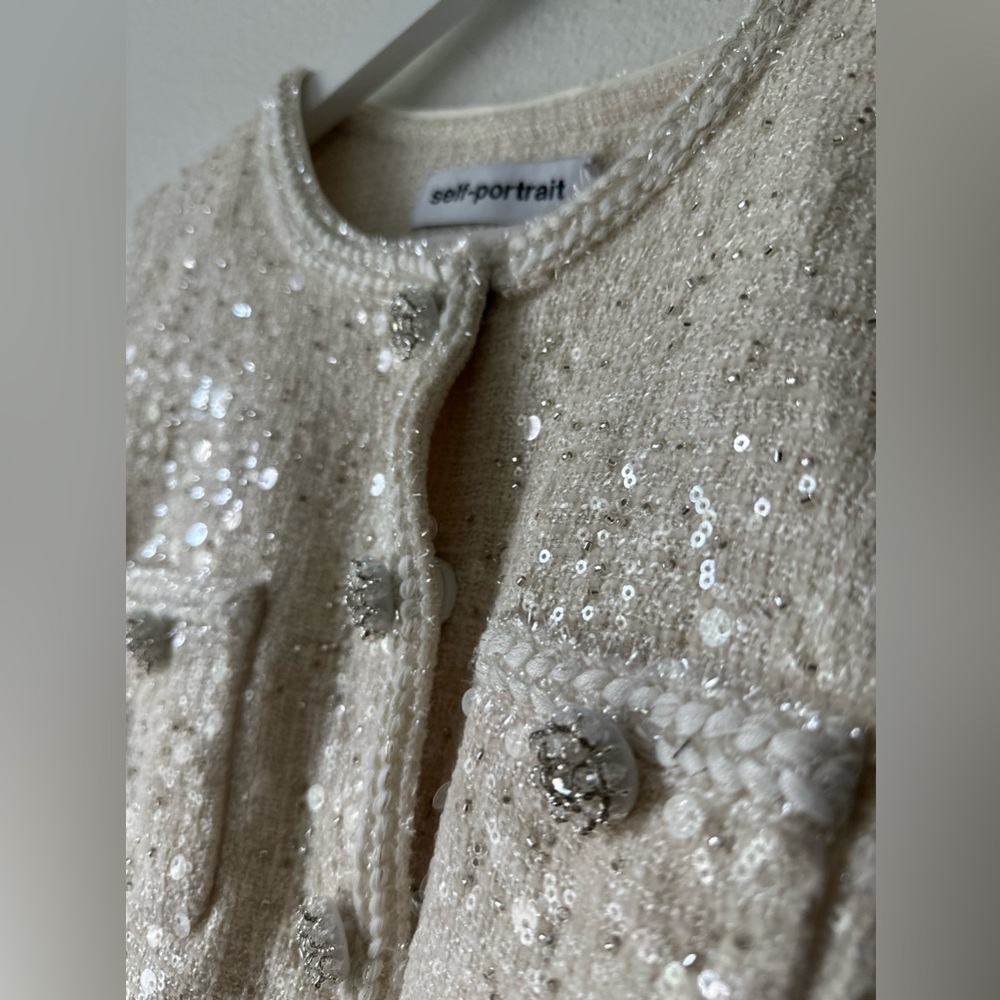 Self Portrait Cream Sequin Boucle Tailored Midi Dress - Picture 9 of 12